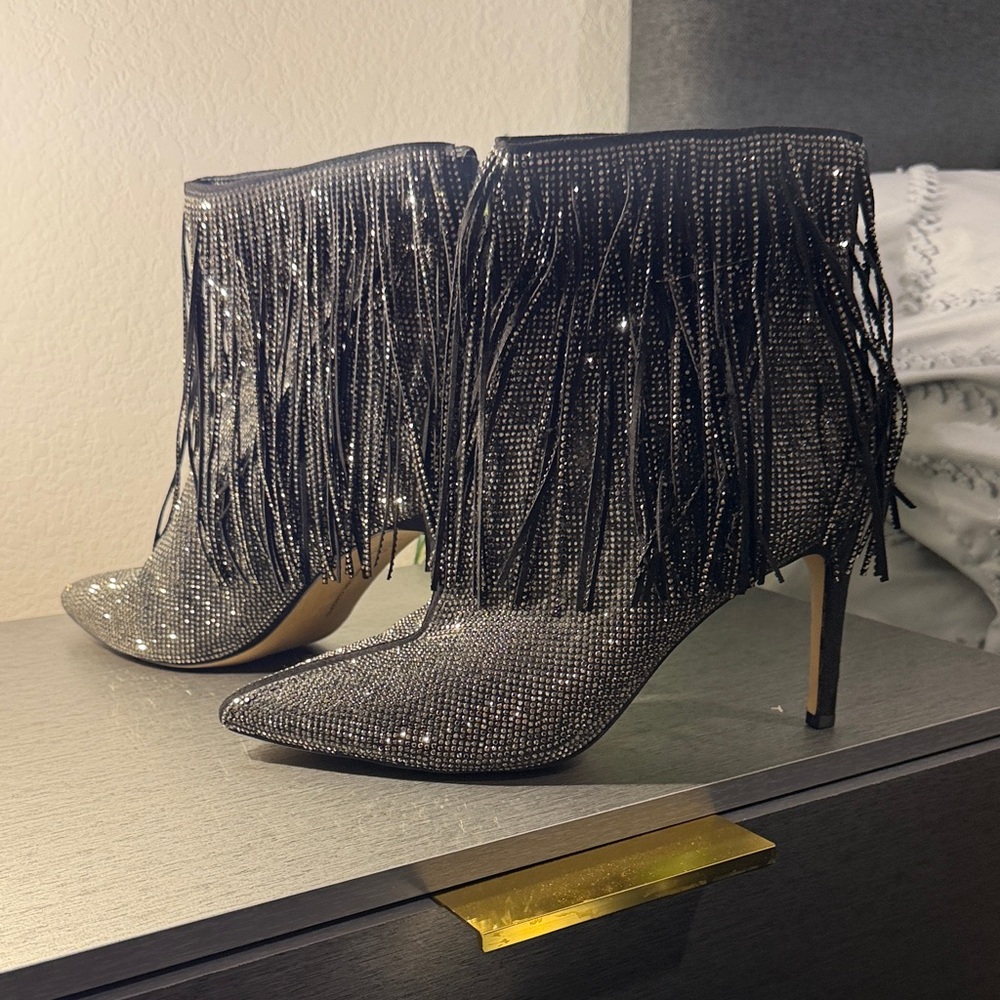 INC International Concepts Silver Fringe Heeled Boots